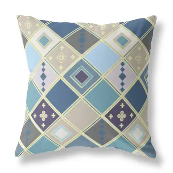 20” Blue Gold Tile Indoor Outdoor Zippered Throw Pillow