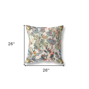 26” Green Beige Florals Indoor Outdoor Zippered Throw Pillow
