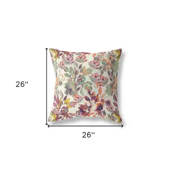 26” Orange Green Florals Indoor Outdoor Zippered Throw Pillow