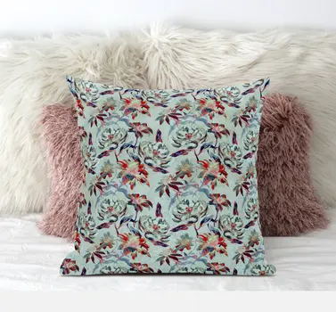 20" Red Aqua Roses Suede Throw Pillow