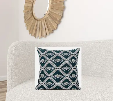 20" X 20" Dark Green Yellow Gray Lotus Floral Blown Seam Suede Throw Pillow