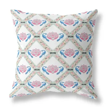 20" X 20" White Blue Gray Lotus Floral Blown Seam Suede Throw Pillow