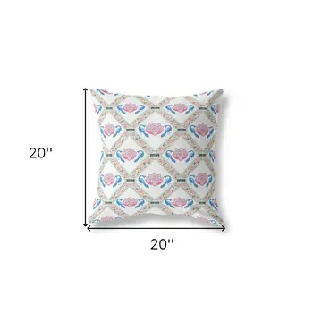 20" X 20" White Blue Gray Lotus Floral Blown Seam Suede Throw Pillow