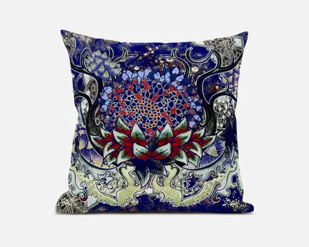 20” Blue Red Flower Bloom Suede Throw Pillow