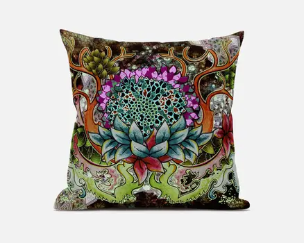 20” Green Orange Flower Bloom Suede Throw Pillow
