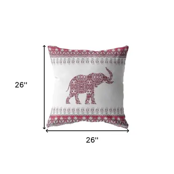 26” Red White Ornate Elephant Indoor Outdoor Throw Pillow