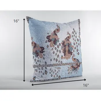 16” Blue Brown Boho Bird Indoor Outdoor Throw Pillow
