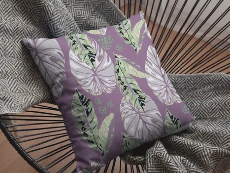 26” White Purple Tropical Leaf Indoor Outdoor Throw Pillow