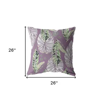 26” White Purple Tropical Leaf Indoor Outdoor Throw Pillow