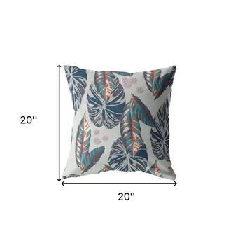 20” Blue Gray Tropical Leaf Indoor Outdoor Throw Pillow