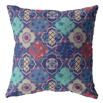 26” Navy Red Trellis Indoor Outdoor Zippered Throw Pillow