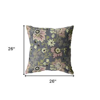 26” Gray Pink Jacobean Indoor Outdoor Zippered Throw Pillow