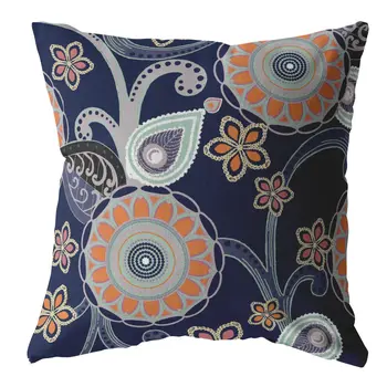 26” Indigo Orange Floral Indoor Outdoor Zippered Throw Pillow