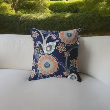26” Indigo Orange Floral Indoor Outdoor Zippered Throw Pillow