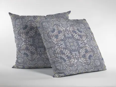 18” Yellow Gray Boho Ornate Indoor Outdoor Zippered Throw Pillow
