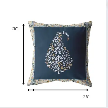 26” Orange Navy Paisley Indoor Outdoor Zippered Throw Pillow