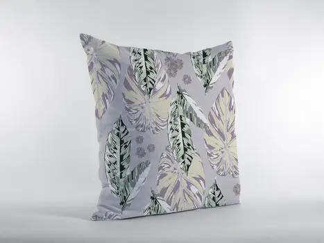 20” Blue Purple Tropical Leaf Indoor Outdoor Zippered Throw Pillow