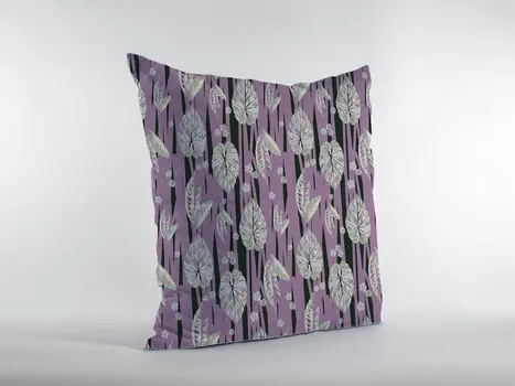 18” Lavender Black Fall Leaves Indoor Outdoor Zippered Throw Pillow