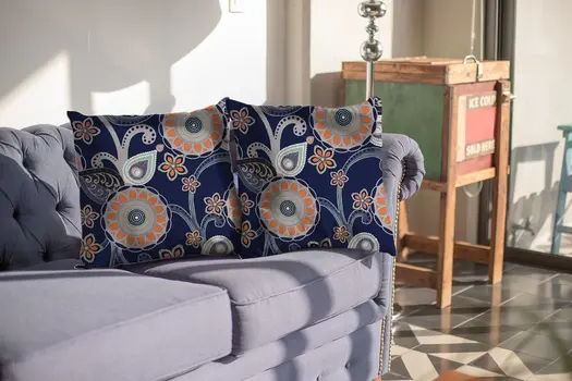 20” Indigo Orange Floral Suede Throw Pillow