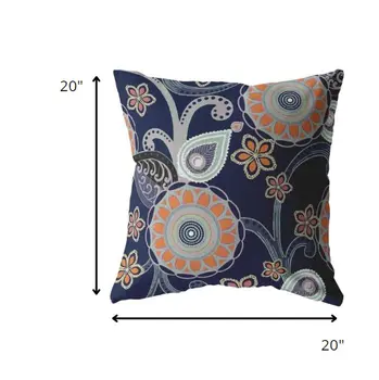 20” Indigo Orange Floral Suede Throw Pillow