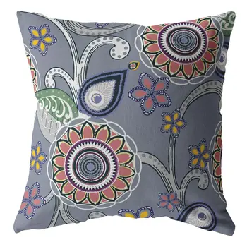 16” Gray Pink Floral Suede Throw Pillow