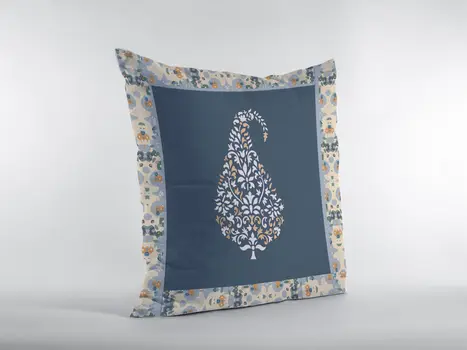 18” Orange Navy Paisley Suede Decorative Throw Pillow