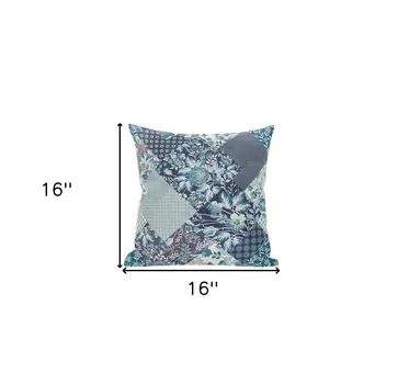 16" Blue White Floral Zippered Suede Throw Pillow