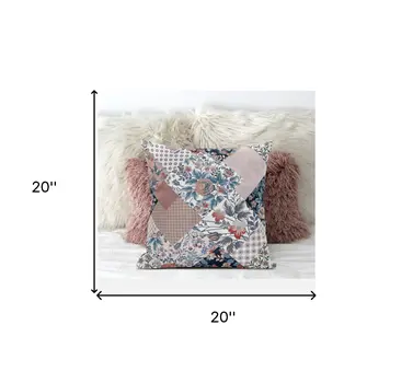 20" White Pink Floral Zippered Suede Throw Pillow