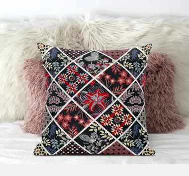 20” Black Red Patch Suede Zippered Throw Pillow