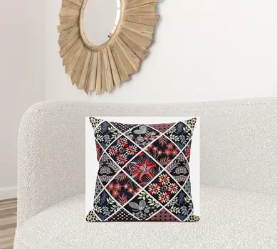 20” Black Red Patch Suede Zippered Throw Pillow