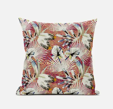 20” White Red Tropical Zippered Suede Throw Pillow
