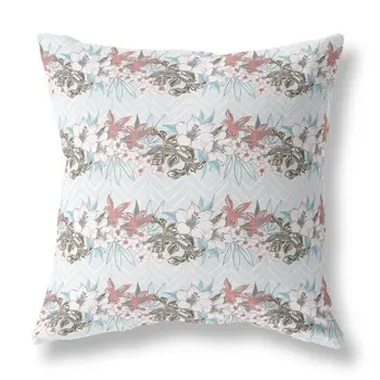 28" X 28" Light Blue Blown Seam Floral Indoor Outdoor Throw Pillow