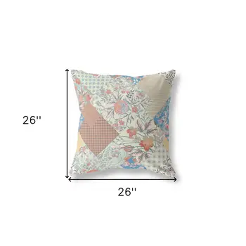 26" Cream Red Boho Floral Indoor Outdoor Throw Pillow