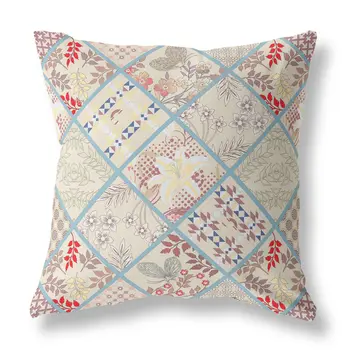 20” Cream Red Patch Indoor Outdoor Throw Pillow
