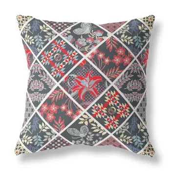 28” Black Red Patch Indoor Outdoor Throw Pillow
