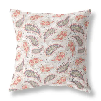 26” Red Beige Boho Paisley Indoor Outdoor Throw Pillow