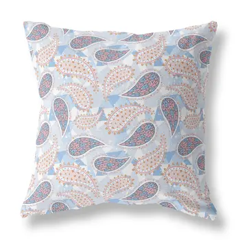 26” Blue Pink Boho Paisley Indoor Outdoor Throw Pillow