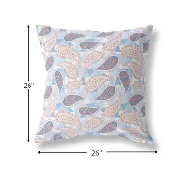 26” Blue Pink Boho Paisley Indoor Outdoor Throw Pillow