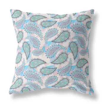 26” Blue Green Boho Paisley Indoor Outdoor Throw Pillow