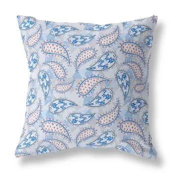 26” Blue Gray Boho Paisley Indoor Outdoor Throw Pillow