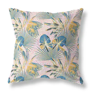 28” Blue Gold Tropical Indoor Outdoor Throw Pillow