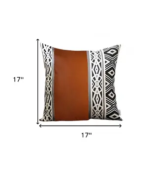 Set of Four 17" Brown Black and White Geometric Fabric and Faux Leather Throw Pillow Covers