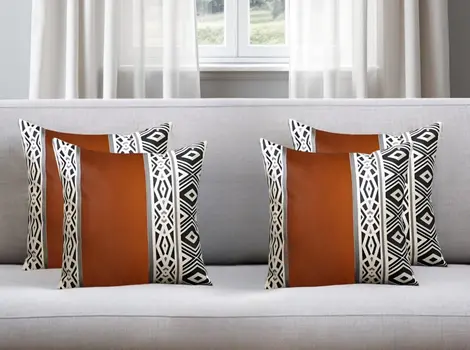 Set of Four 18" Brown Black and White Geometric Fabric and Faux Leather Throw Pillows