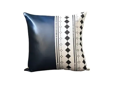 Set of Two 17" Navy Blue Diamond Fabric and Faux Leather Throw Pillow Covers