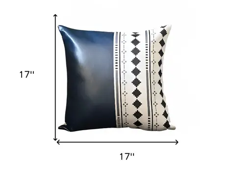 Set of Two 17" Navy Blue Diamond Fabric and Faux Leather Throw Pillow Covers