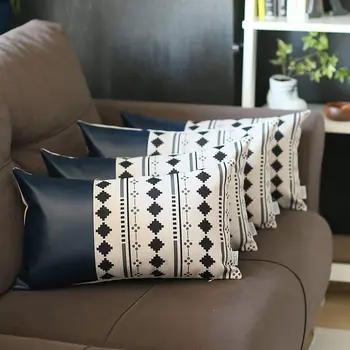 Set of Four 12" X 20" White Diamond Fabric and Faux Leather Lumbar Throw Pillow Covers