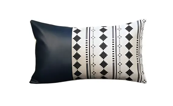 Set of Four 12" X 20" White Diamond Fabric and Faux Leather Lumbar Throw Pillow Covers