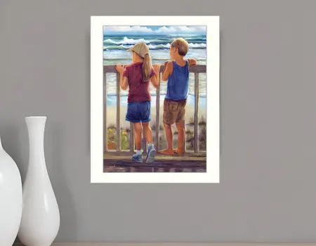 Looking Over the Rail White Framed Print Wall Art