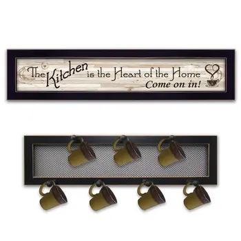 Set Of Two Heart Of The Home Black Framed Kitchen Wall Art With Seven Peg Mug Rack