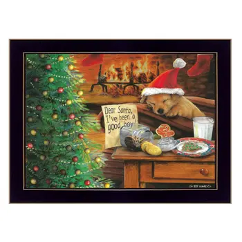 Christmas Eve Puppy Black Framed Print Wall Art